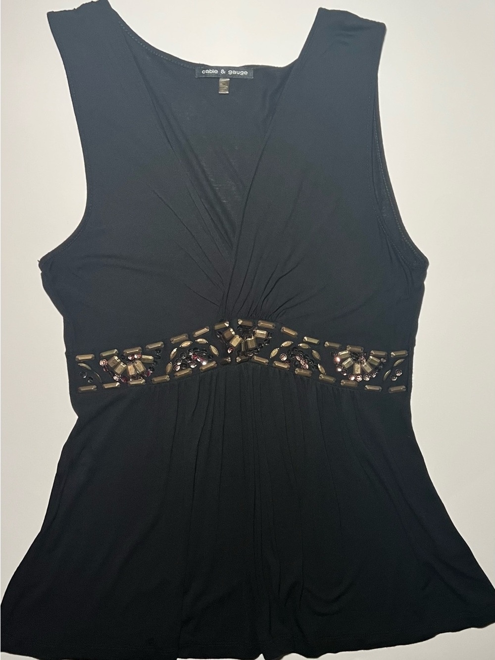 Cable & Gauge Black Sleeveless V-Neck Tank with Jeweled Waist